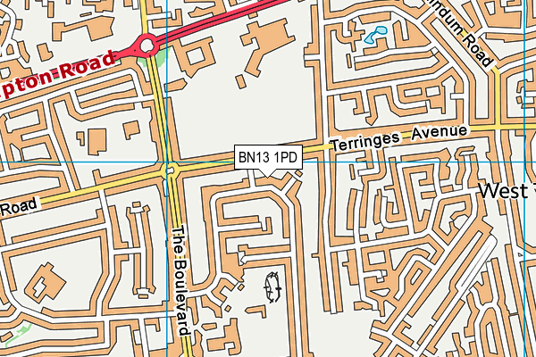 BN13 1PD map - OS VectorMap District (Ordnance Survey)