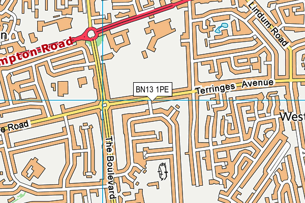 BN13 1PE map - OS VectorMap District (Ordnance Survey)