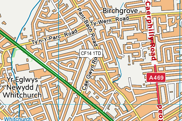 CF14 1TD map - OS VectorMap District (Ordnance Survey)