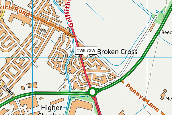 CW9 7XW map - OS VectorMap District (Ordnance Survey)