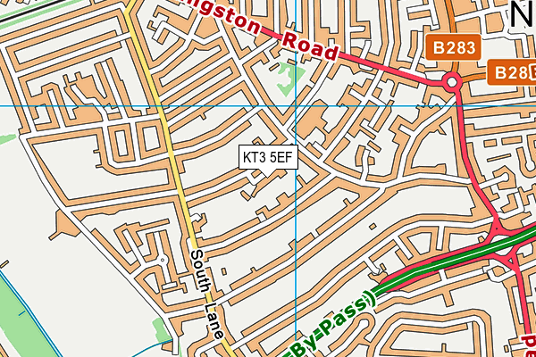 KT3 5EF map - OS VectorMap District (Ordnance Survey)