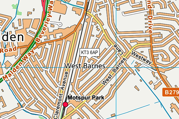 KT3 6AP map - OS VectorMap District (Ordnance Survey)