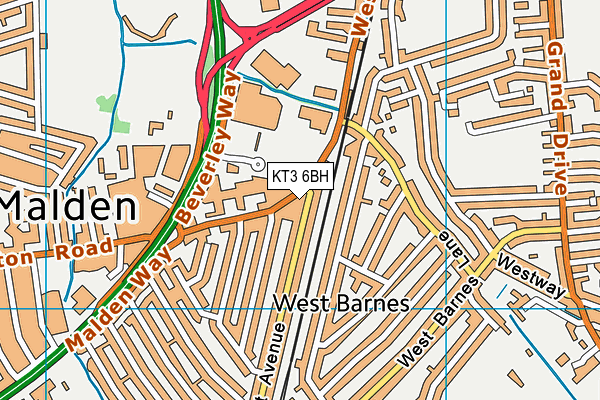 KT3 6BH map - OS VectorMap District (Ordnance Survey)