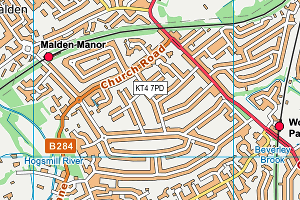KT4 7PD map - OS VectorMap District (Ordnance Survey)