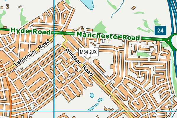 Denton West End Primary School map (M34 2JX) - OS VectorMap District (Ordnance Survey)