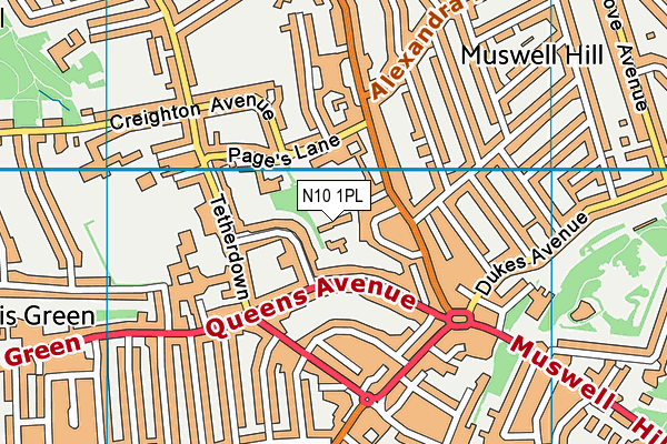 Muswell Hill Methodist Lawn Tennis Club map (N10 1PL) - OS VectorMap District (Ordnance Survey)