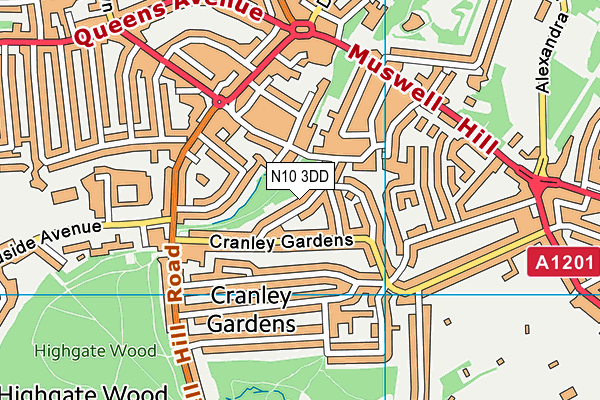 N10 3DD map - OS VectorMap District (Ordnance Survey)