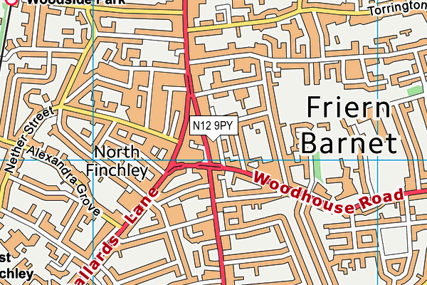 N12 9PY map - OS VectorMap District (Ordnance Survey)