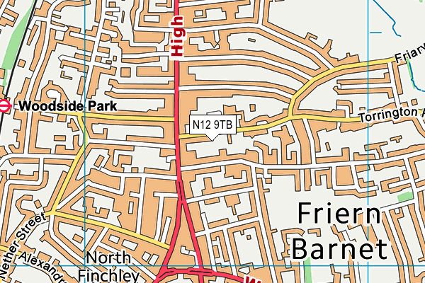 N12 9TB map - OS VectorMap District (Ordnance Survey)