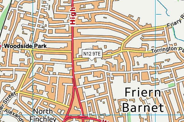 N12 9TE map - OS VectorMap District (Ordnance Survey)
