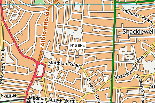 N16 8PE map - OS VectorMap District (Ordnance Survey)