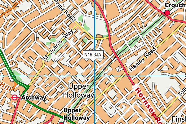 N19 3JA map - OS VectorMap District (Ordnance Survey)