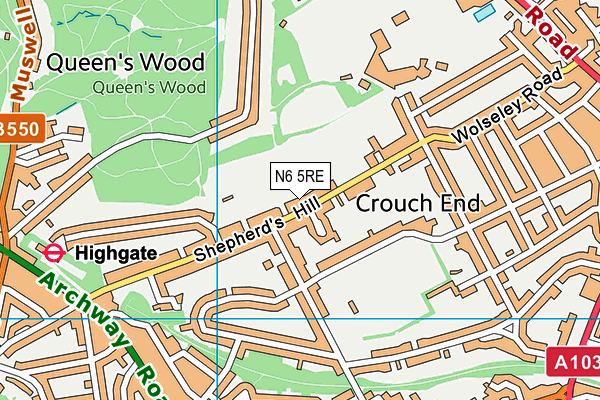 N6 5RE map - OS VectorMap District (Ordnance Survey)