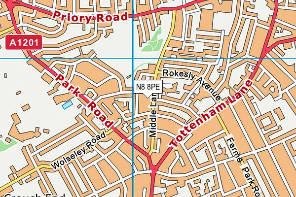 N8 8PE map - OS VectorMap District (Ordnance Survey)