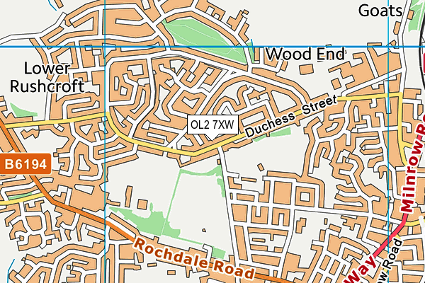 OL2 7XW map - OS VectorMap District (Ordnance Survey)