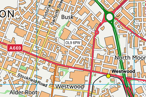 OL9 6PW map - OS VectorMap District (Ordnance Survey)