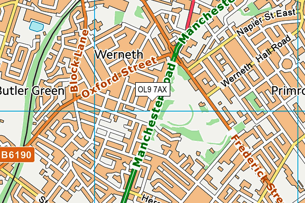 OL9 7AX map - OS VectorMap District (Ordnance Survey)