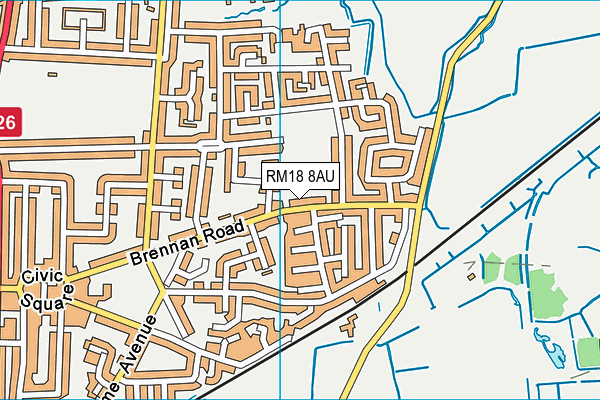 RM18 8AU map - OS VectorMap District (Ordnance Survey)