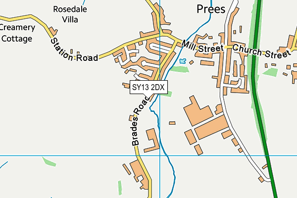 Prees Cricket And Recreation Club map (SY13 2DX) - OS VectorMap District (Ordnance Survey)