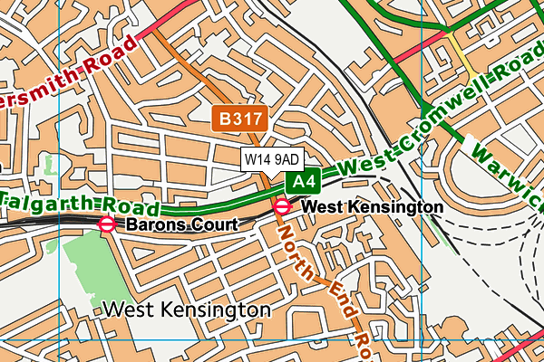 W14 9AD map - OS VectorMap District (Ordnance Survey)