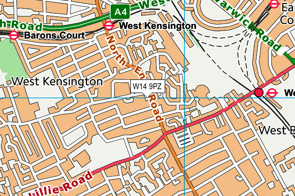 W14 9PZ map - OS VectorMap District (Ordnance Survey)