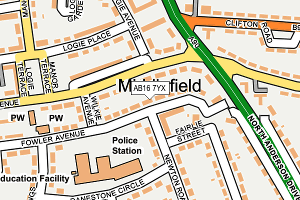 AB16 7YX map - OS OpenMap – Local (Ordnance Survey)