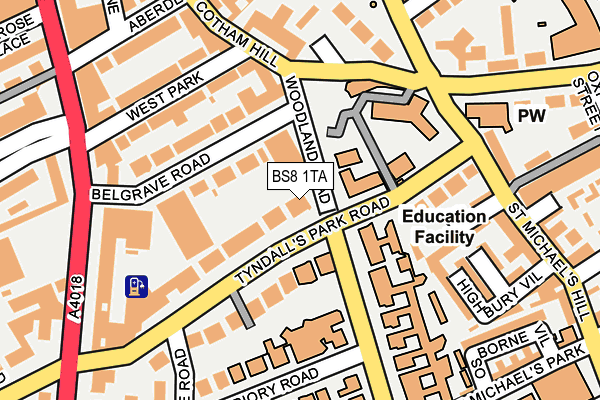 Map of 4, WOODLAND ROAD, CLIFTON, MANAGEMENT, LIMITED at local scale