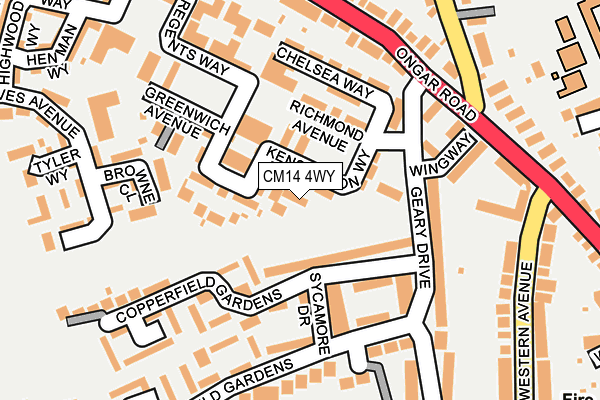 CM14 4WY map - OS OpenMap – Local (Ordnance Survey)