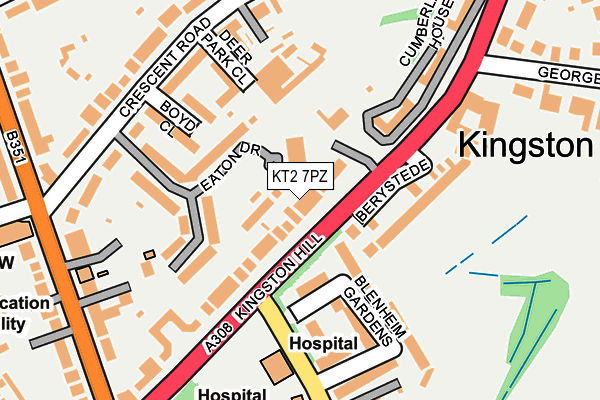 KT2 7PZ map - OS OpenMap – Local (Ordnance Survey)