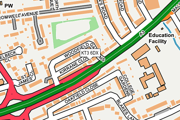KT3 6DX map - OS OpenMap – Local (Ordnance Survey)