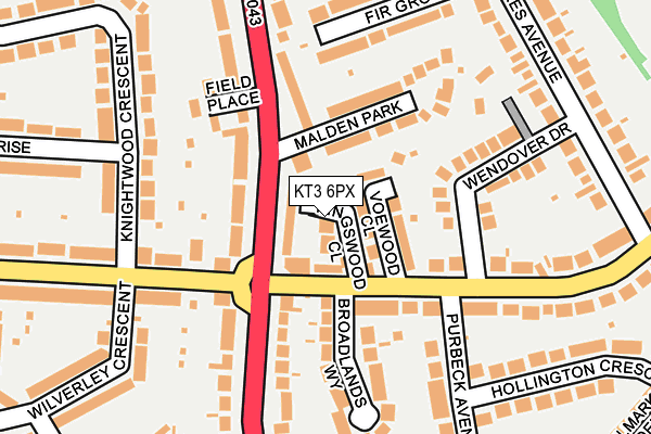 KT3 6PX map - OS OpenMap – Local (Ordnance Survey)