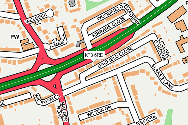 KT3 6RE map - OS OpenMap – Local (Ordnance Survey)