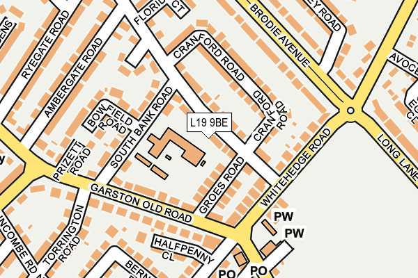 L19 9BE map - OS OpenMap – Local (Ordnance Survey)