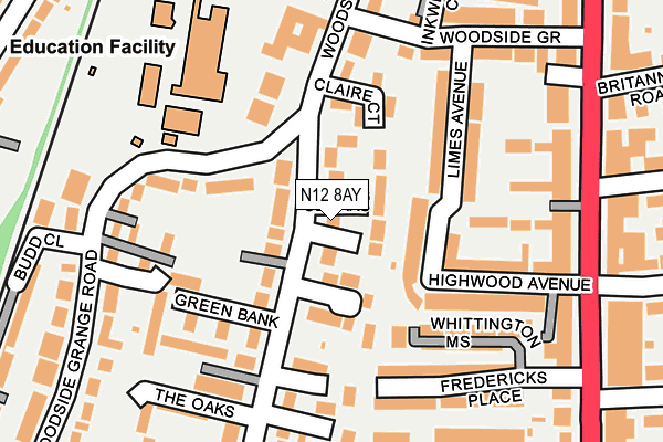 N12 8AY map - OS OpenMap – Local (Ordnance Survey)