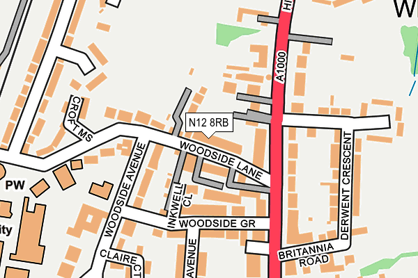 N12 8RB map - OS OpenMap – Local (Ordnance Survey)