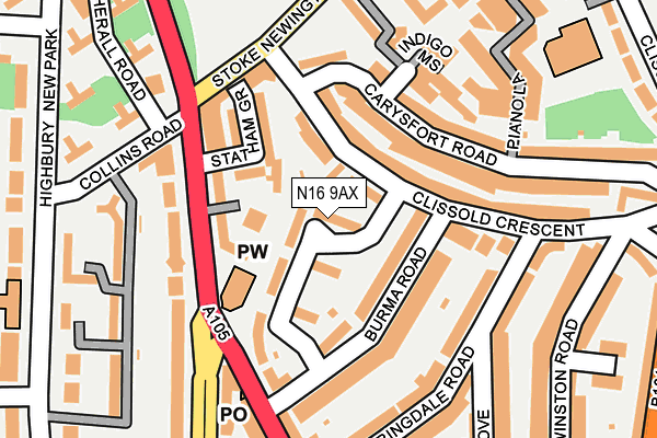 N16 9AX map - OS OpenMap – Local (Ordnance Survey)