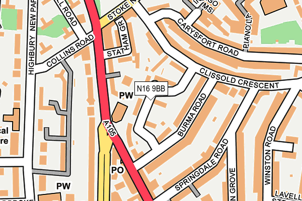 N16 9BB map - OS OpenMap – Local (Ordnance Survey)