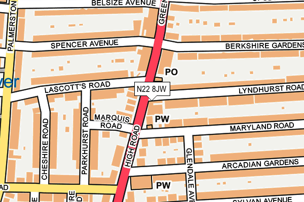 N22 8JW map - OS OpenMap – Local (Ordnance Survey)