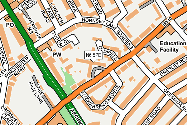 N6 5PE map - OS OpenMap – Local (Ordnance Survey)