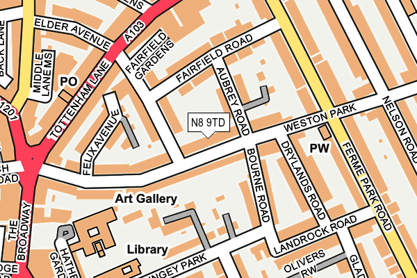 N8 9TD map - OS OpenMap – Local (Ordnance Survey)