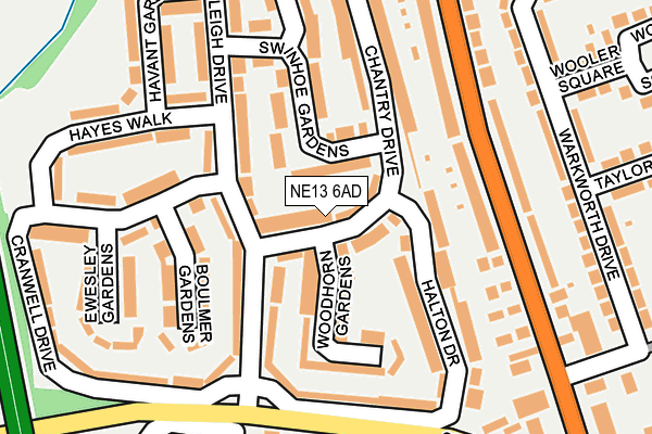 NE13 6AD map - OS OpenMap – Local (Ordnance Survey)