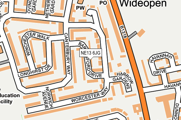 NE13 6JG map - OS OpenMap – Local (Ordnance Survey)