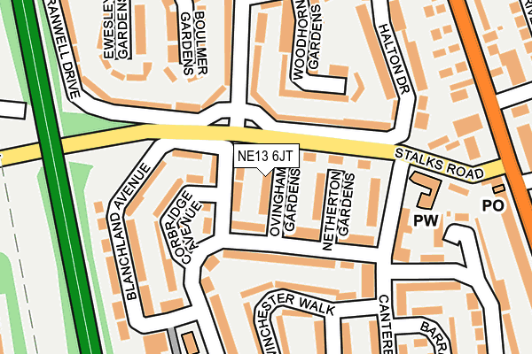NE13 6JT map - OS OpenMap – Local (Ordnance Survey)