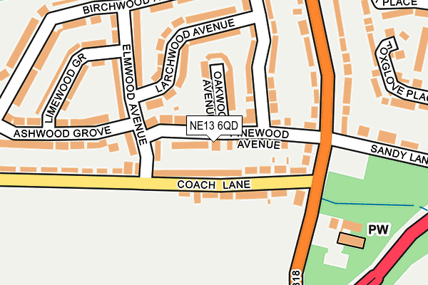 NE13 6QD map - OS OpenMap – Local (Ordnance Survey)