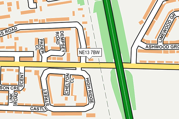 NE13 7BW map - OS OpenMap – Local (Ordnance Survey)