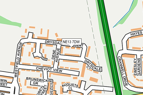 NE13 7DW map - OS OpenMap – Local (Ordnance Survey)