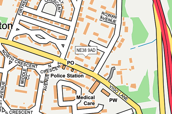 NE38 9AD map - OS OpenMap – Local (Ordnance Survey)