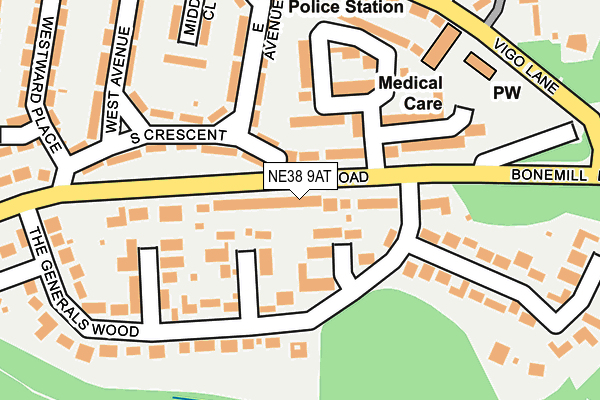 NE38 9AT map - OS OpenMap – Local (Ordnance Survey)