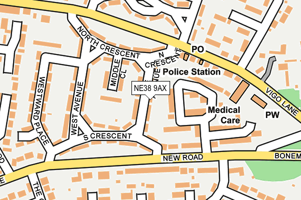 NE38 9AX map - OS OpenMap – Local (Ordnance Survey)