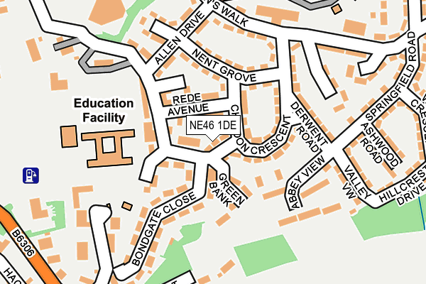 NE46 1DE map - OS OpenMap – Local (Ordnance Survey)